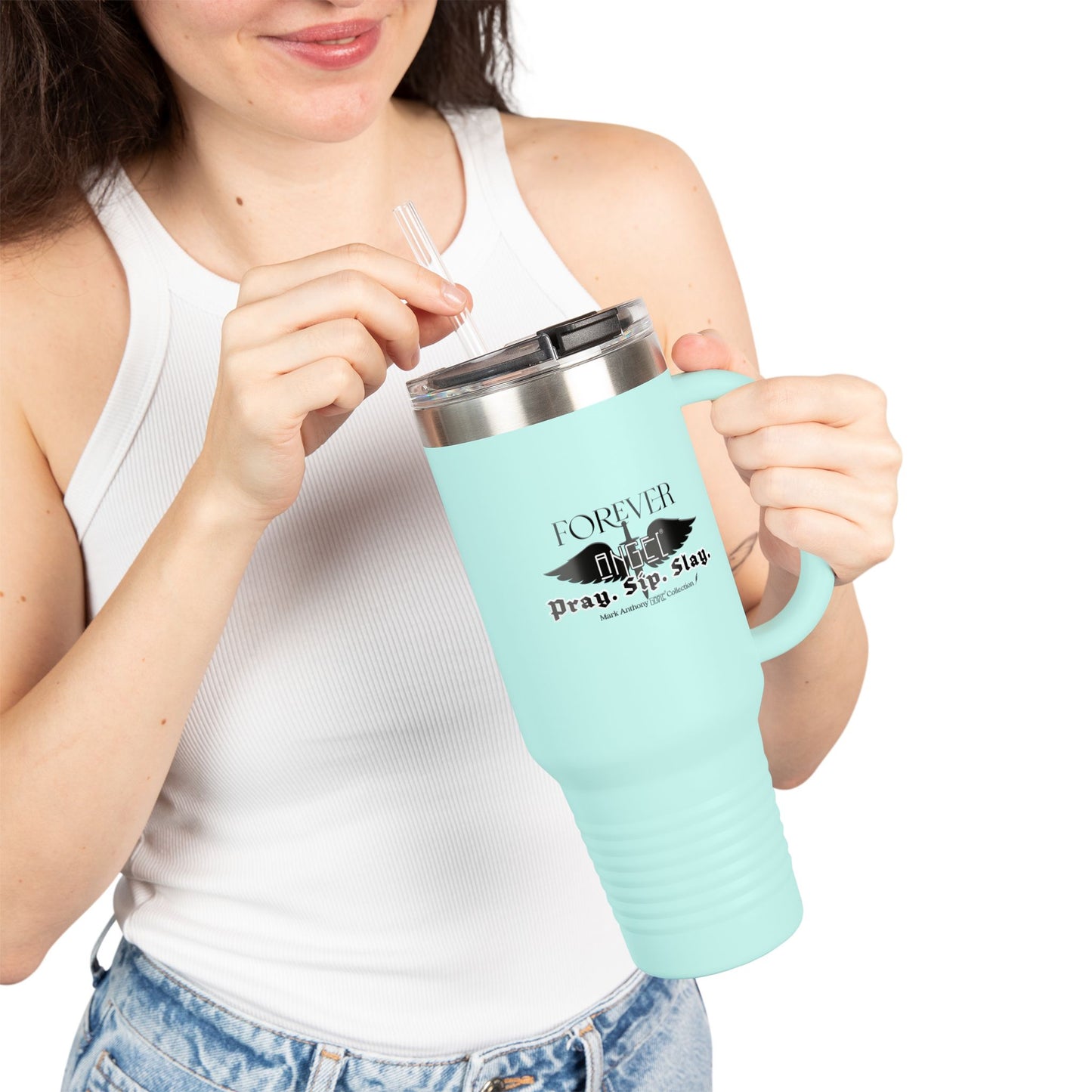 PRAY. SIP. SLAY. Black Font Edition by Mark Anthony Gable® Collection Forever Angel® Insulated Travel Mug, 40oz