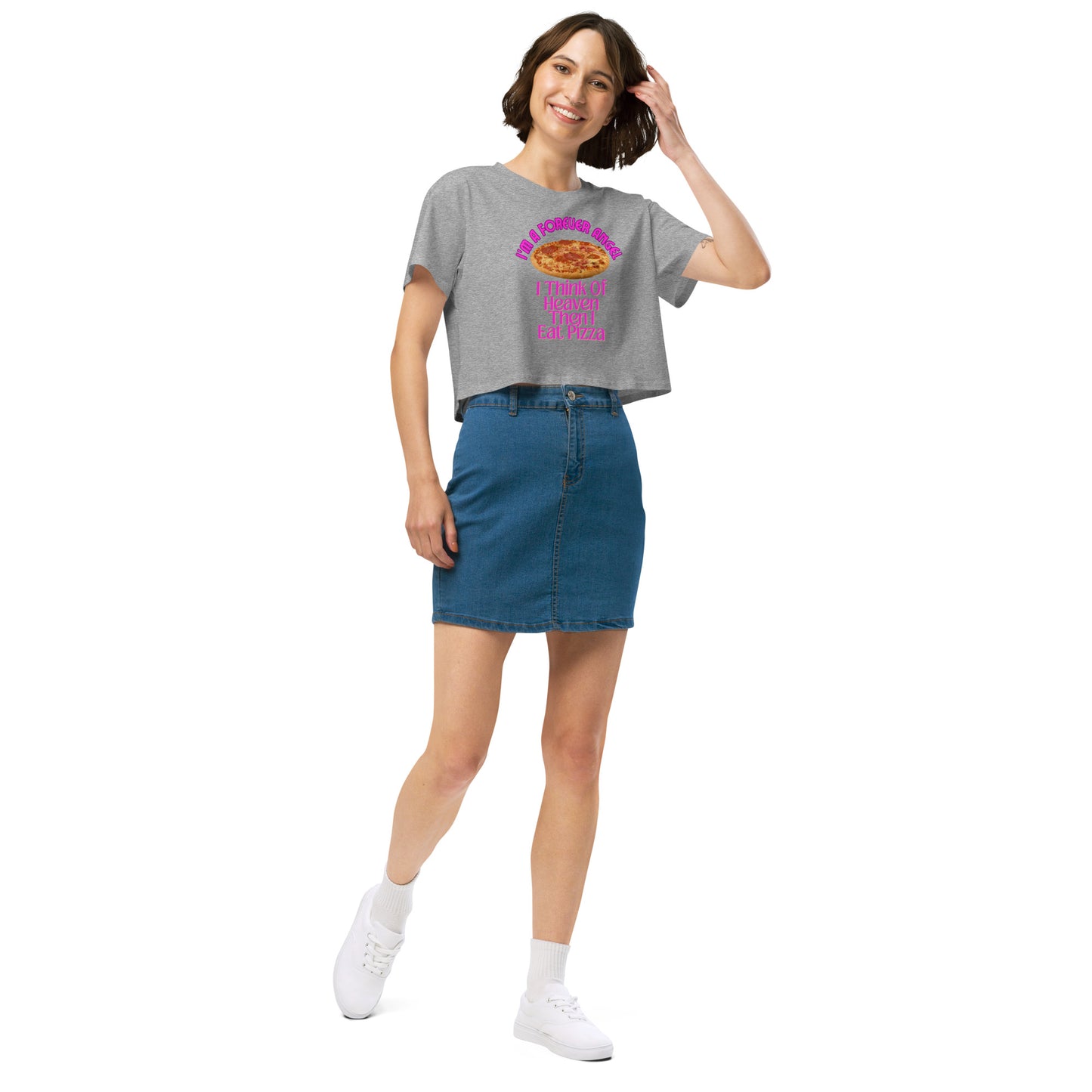 Women’s crop top I'M A FOREVER ANGEL I THINK OF HEAVEN THEN I EAT PIZZA (NEON PINK Text) by "Mark Anthony Gable Collection-FOREVER ANGEL"