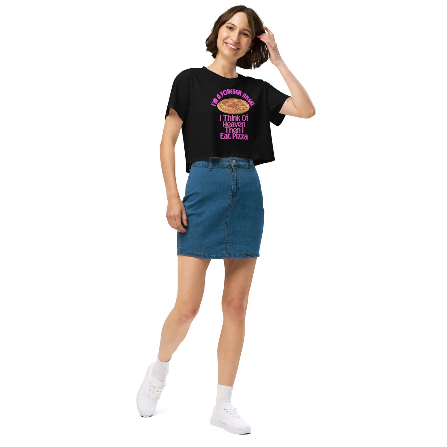 Women’s crop top I'M A FOREVER ANGEL I THINK OF HEAVEN THEN I EAT PIZZA (NEON PINK Text) by "Mark Anthony Gable Collection-FOREVER ANGEL"