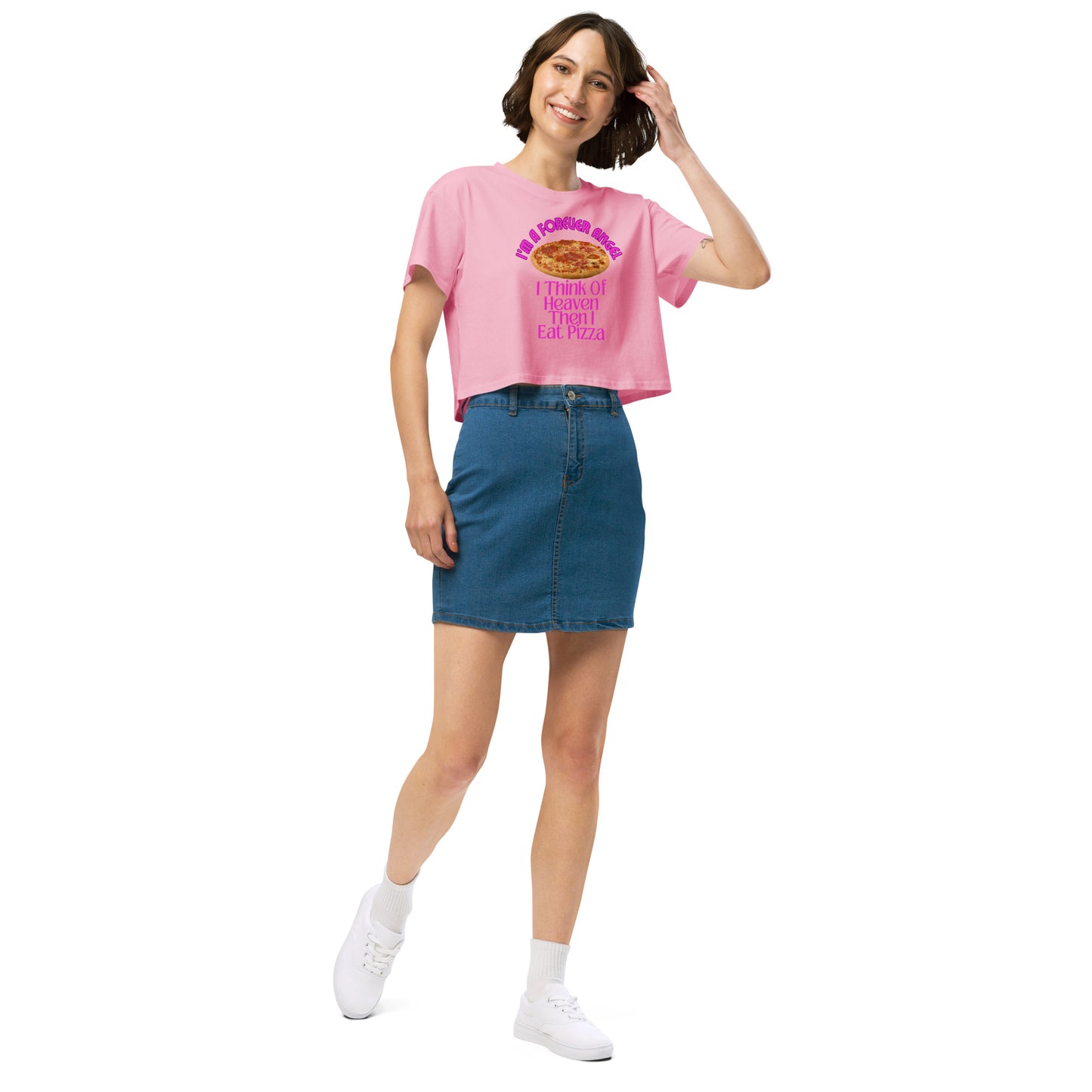 Women’s crop top I'M A FOREVER ANGEL I THINK OF HEAVEN THEN I EAT PIZZA (NEON PINK Text) by "Mark Anthony Gable Collection-FOREVER ANGEL"