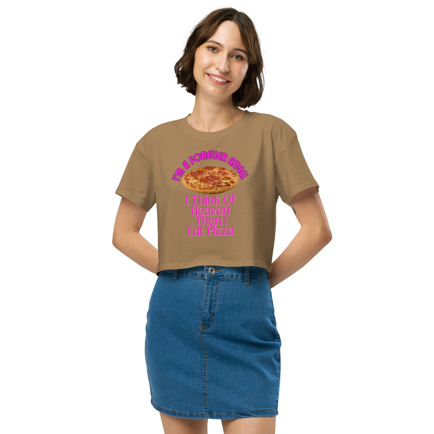 Women’s crop top I'M A FOREVER ANGEL I THINK OF HEAVEN THEN I EAT PIZZA (NEON PINK Text) by "Mark Anthony Gable Collection-FOREVER ANGEL"