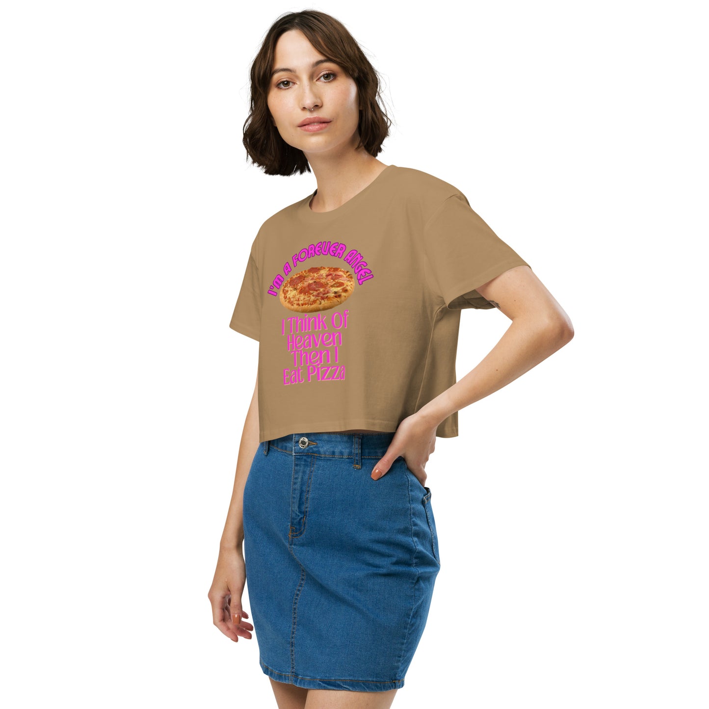 Women’s crop top I'M A FOREVER ANGEL I THINK OF HEAVEN THEN I EAT PIZZA (NEON PINK Text) by "Mark Anthony Gable Collection-FOREVER ANGEL"