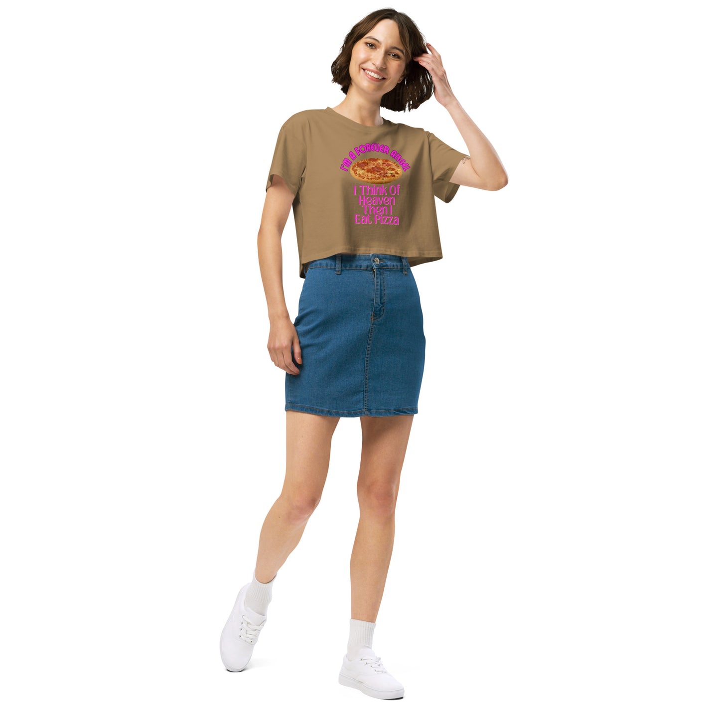 Women’s crop top I'M A FOREVER ANGEL I THINK OF HEAVEN THEN I EAT PIZZA (NEON PINK Text) by "Mark Anthony Gable Collection-FOREVER ANGEL"