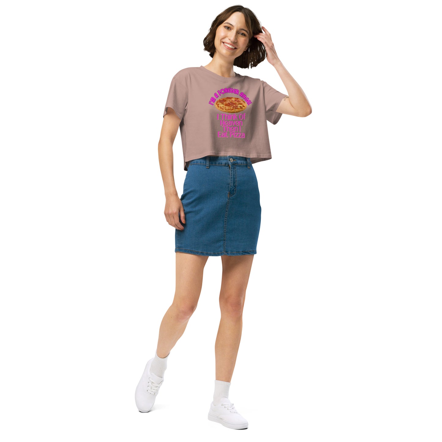 Women’s crop top I'M A FOREVER ANGEL I THINK OF HEAVEN THEN I EAT PIZZA (NEON PINK Text) by "Mark Anthony Gable Collection-FOREVER ANGEL"