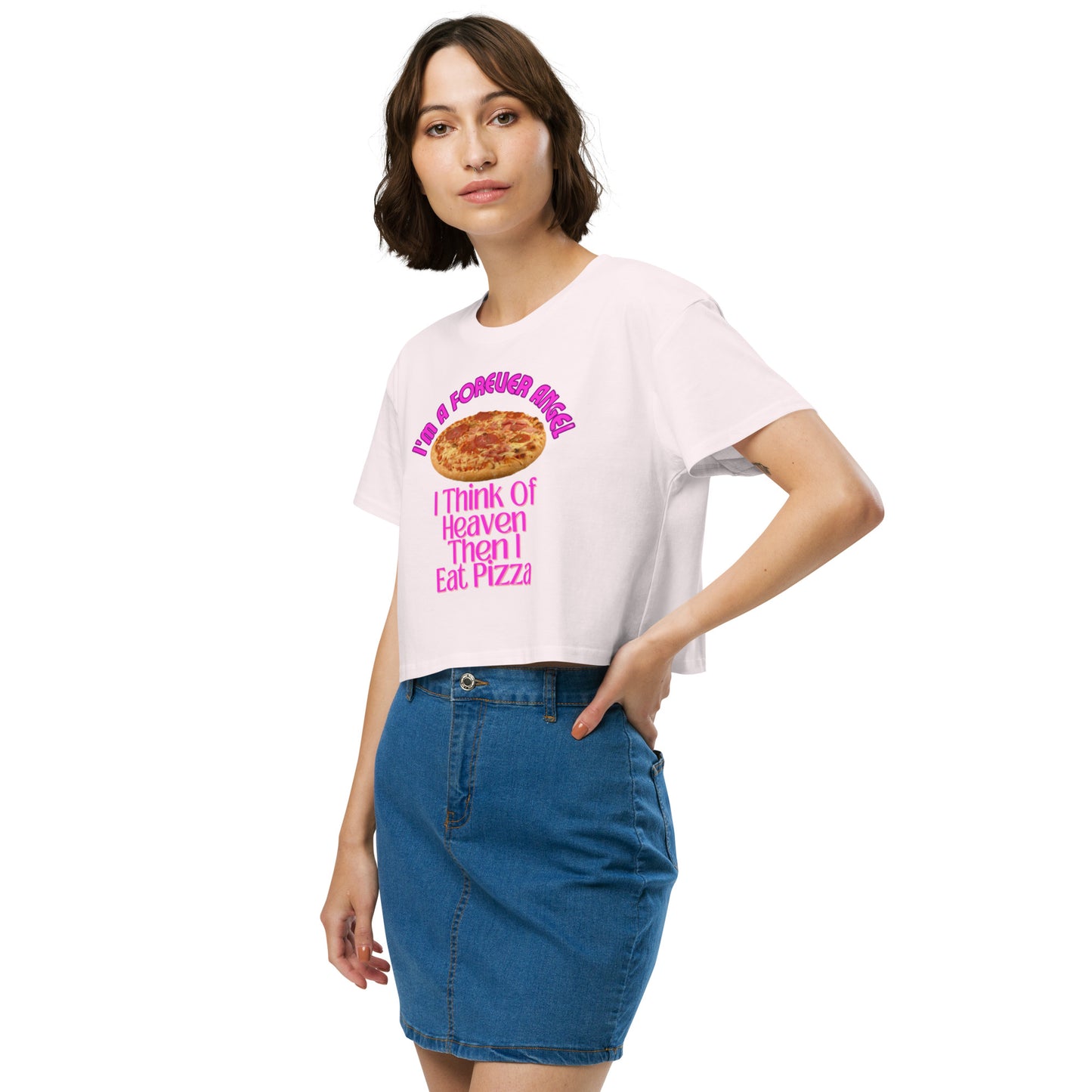 Women’s crop top I'M A FOREVER ANGEL I THINK OF HEAVEN THEN I EAT PIZZA (NEON PINK Text) by "Mark Anthony Gable Collection-FOREVER ANGEL"