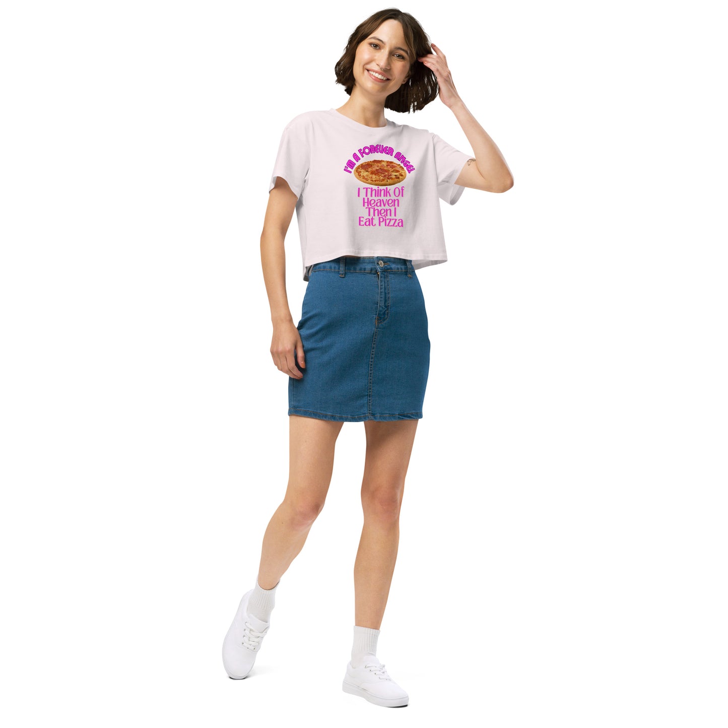 Women’s crop top I'M A FOREVER ANGEL I THINK OF HEAVEN THEN I EAT PIZZA (NEON PINK Text) by "Mark Anthony Gable Collection-FOREVER ANGEL"