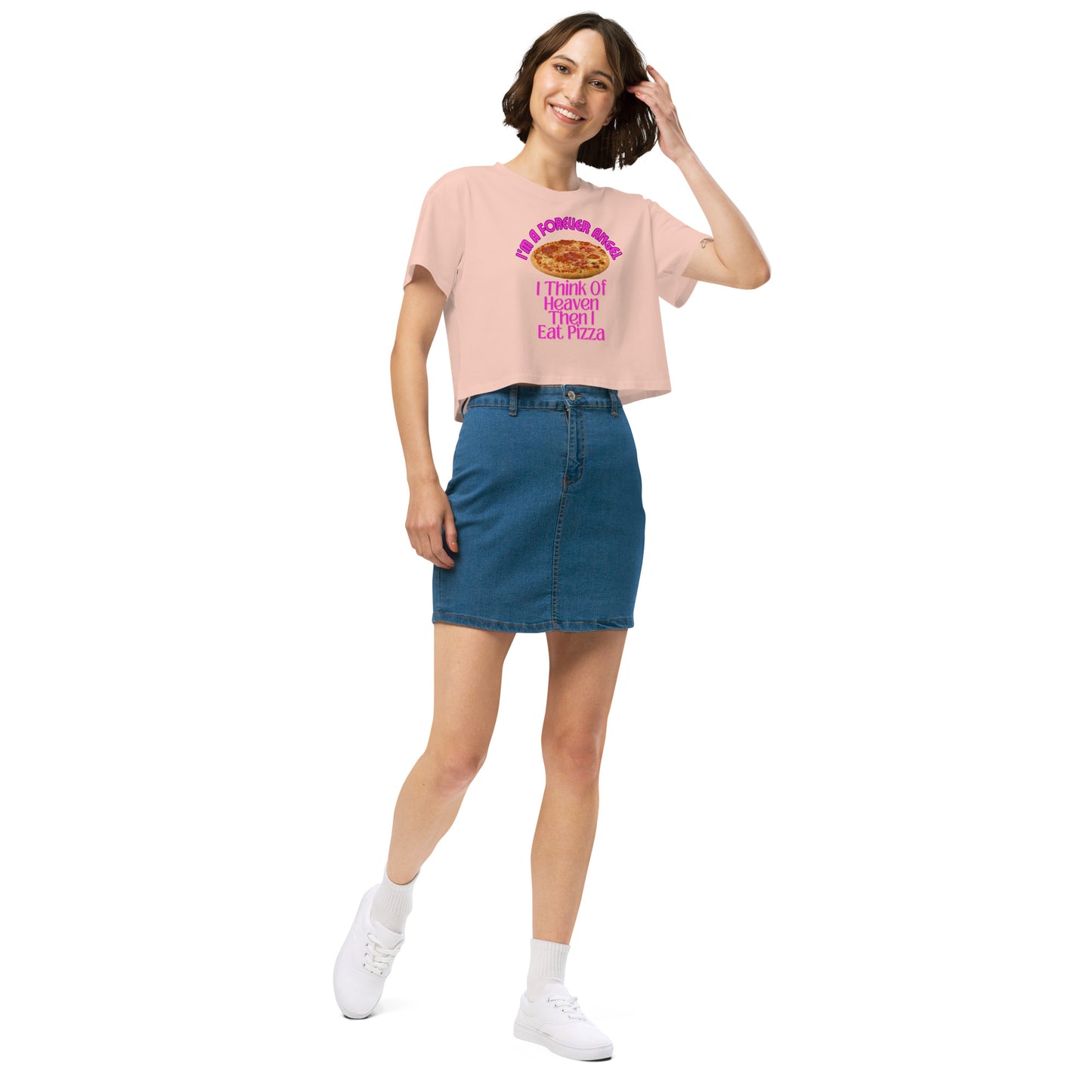 Women’s crop top I'M A FOREVER ANGEL I THINK OF HEAVEN THEN I EAT PIZZA (NEON PINK Text) by "Mark Anthony Gable Collection-FOREVER ANGEL"