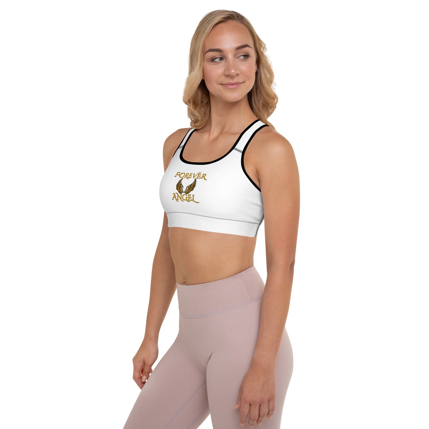 Padded Sports Bra FOREVER ANGEL [with black piping] [GOLD Font] by “Mark Anthony Gable Collection-FOREVER ANGEL”