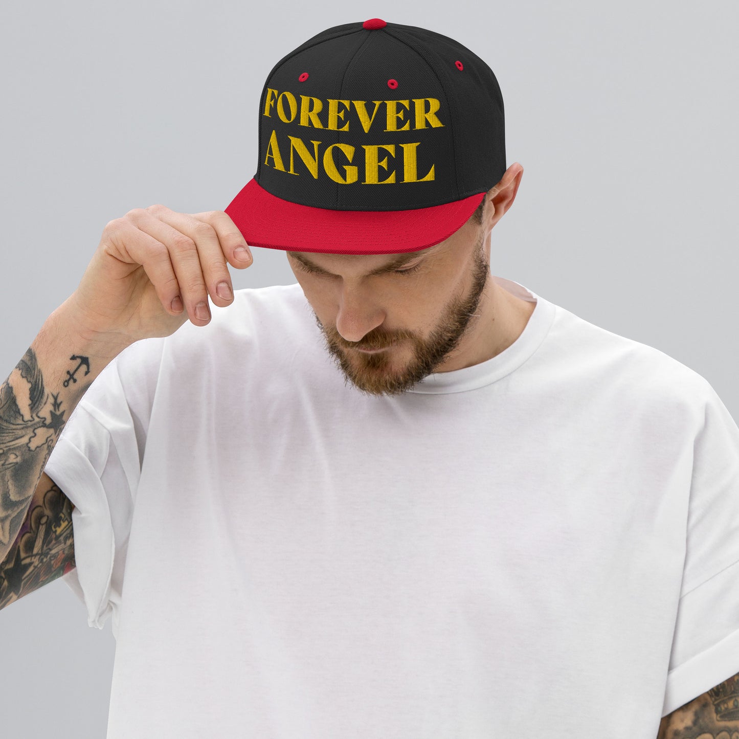 Snapback Hat FOREVER ANGEL [GOLD FONT] [Green Camo under Brim] For guys by “Mark Anthony Gable Collection-FOREVER ANGEL”