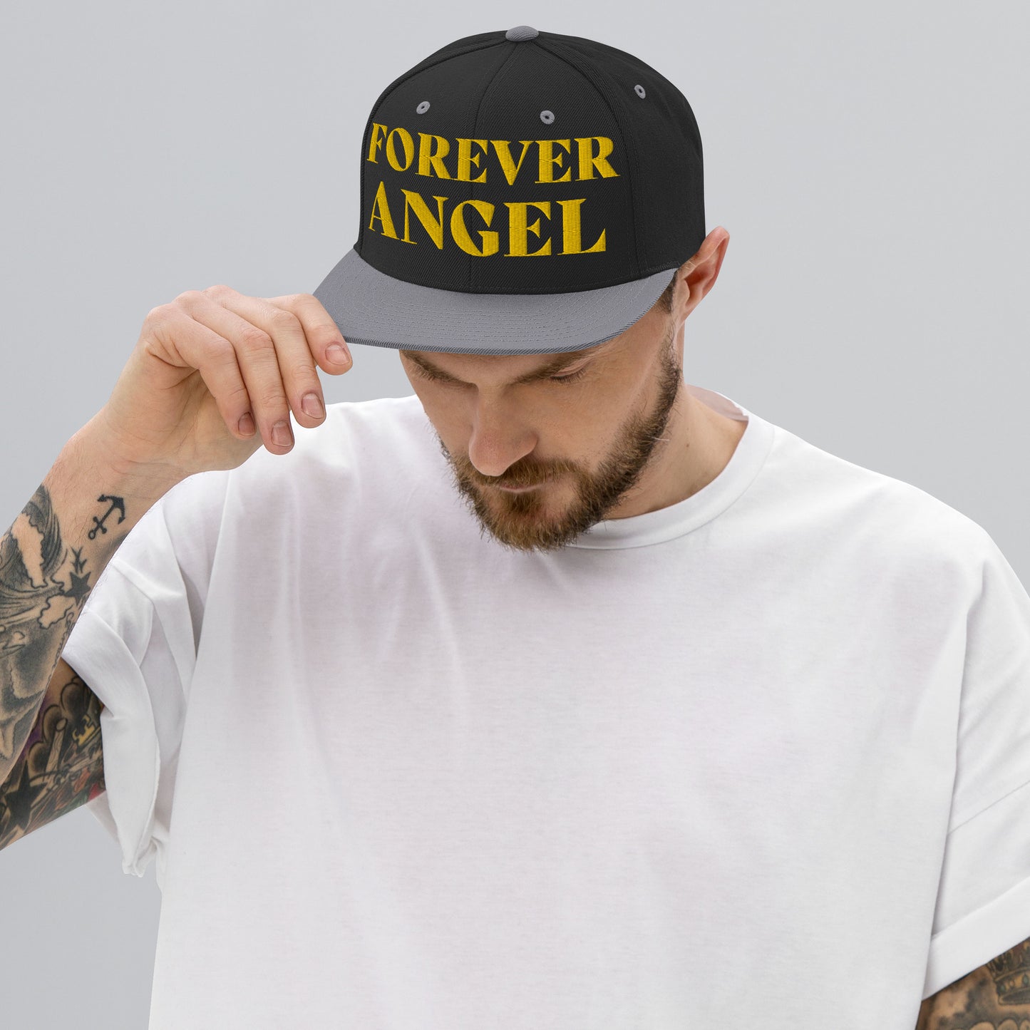 Snapback Hat FOREVER ANGEL [GOLD FONT] [Green Camo under Brim] For guys by “Mark Anthony Gable Collection-FOREVER ANGEL”