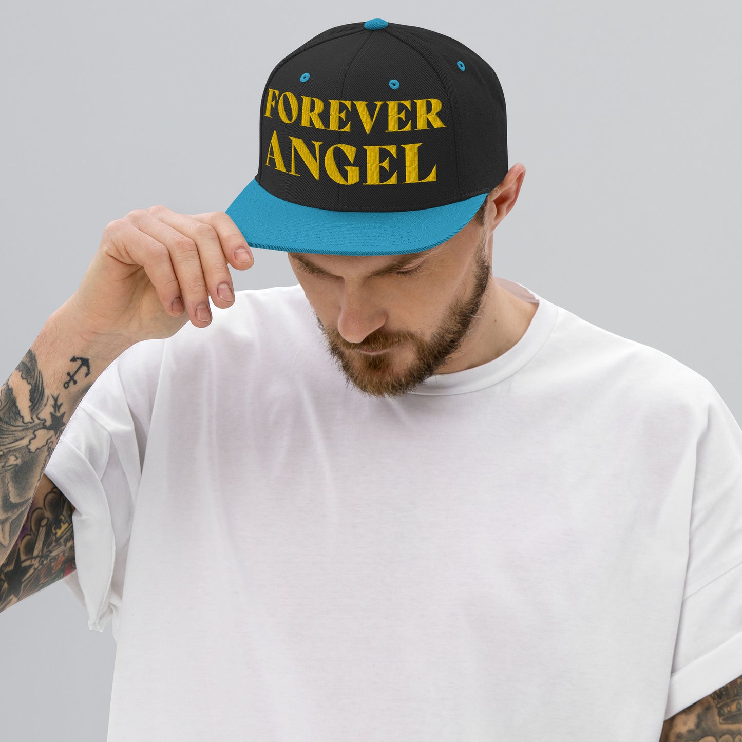 Snapback Hat FOREVER ANGEL [GOLD FONT] [Green Camo under Brim] For guys by “Mark Anthony Gable Collection-FOREVER ANGEL”