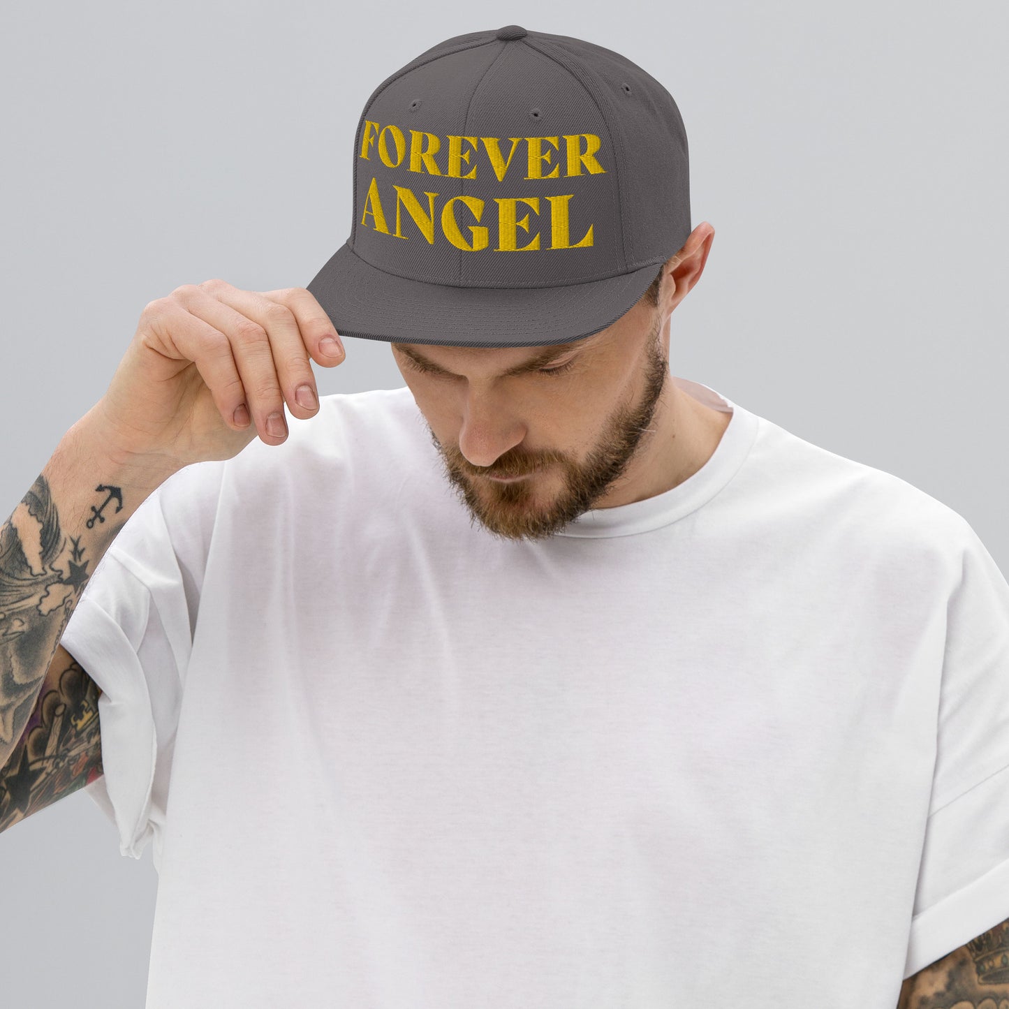 Snapback Hat FOREVER ANGEL [GOLD FONT] [Green Camo under Brim] For guys by “Mark Anthony Gable Collection-FOREVER ANGEL”