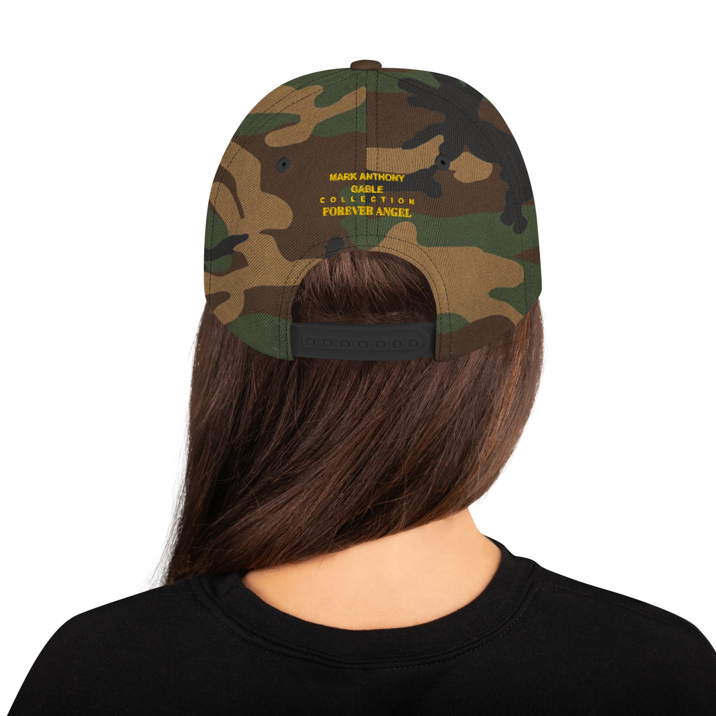 Snapback Hat FOREVER ANGEL [GOLD FONT] [Green Camo under Brim] for females by “Mark Anthony Gable Collection-FOREVER ANGEL”