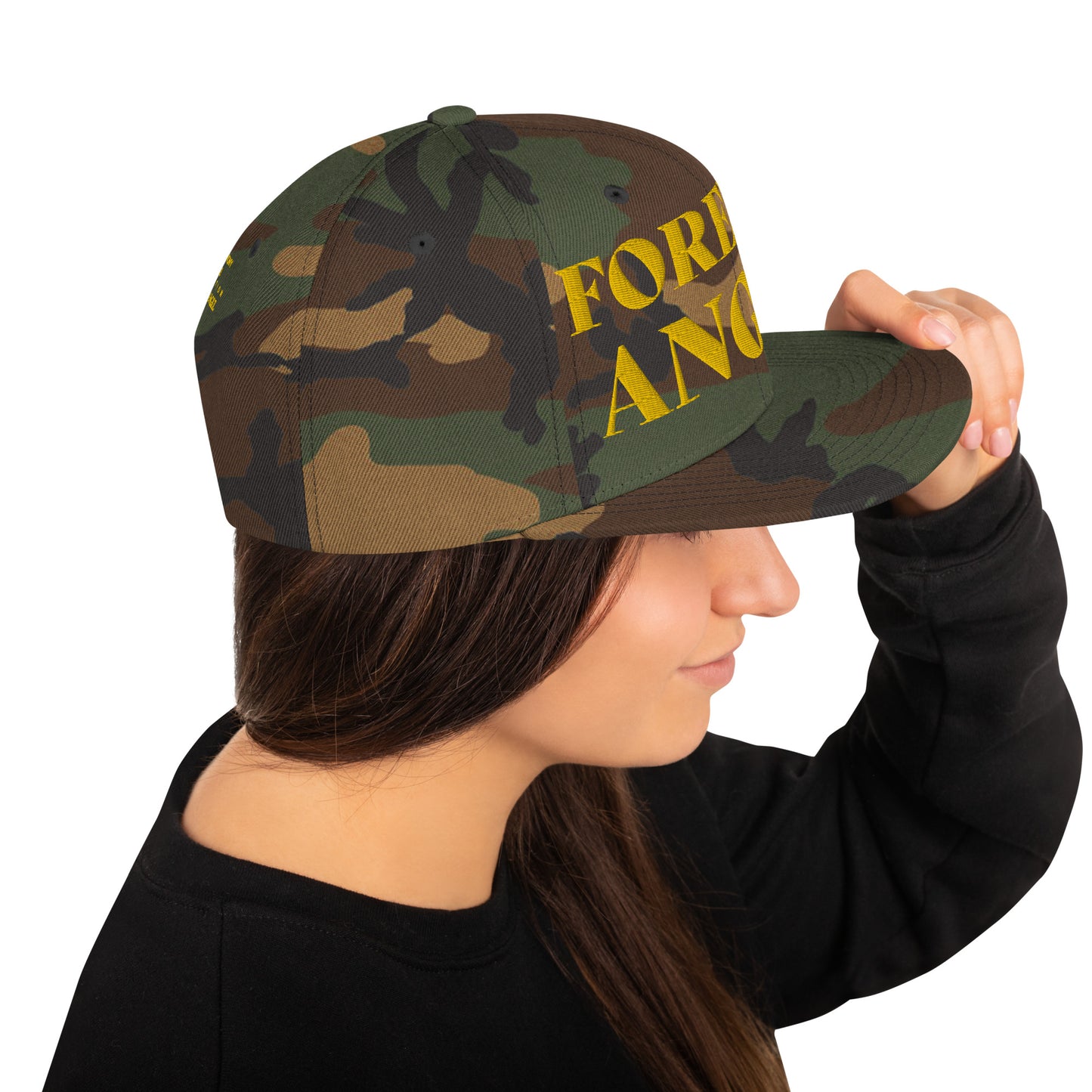 Snapback Hat FOREVER ANGEL [GOLD FONT] [Green Camo under Brim] for females by “Mark Anthony Gable Collection-FOREVER ANGEL”