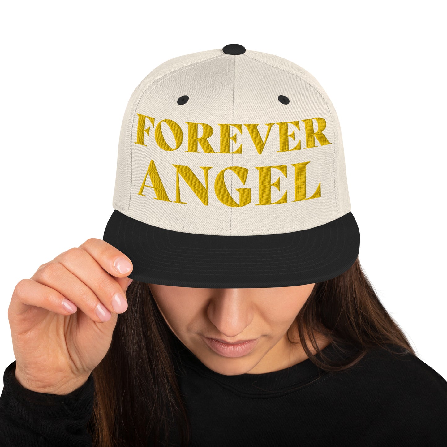 Snapback Hat FOREVER ANGEL [GOLD FONT] [Green Camo under Brim] for females by “Mark Anthony Gable Collection-FOREVER ANGEL”