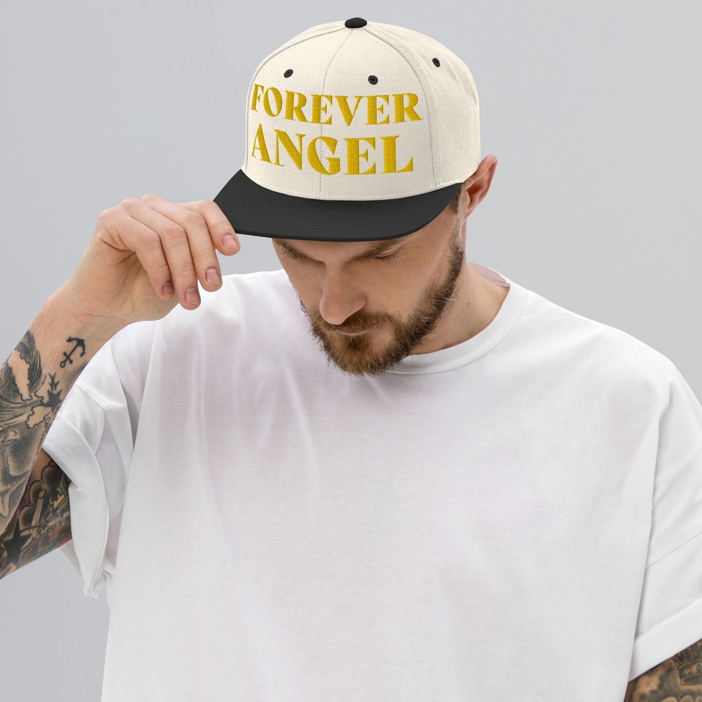 Snapback Hat FOREVER ANGEL [GOLD FONT] [Green Camo under Brim] For guys by “Mark Anthony Gable Collection-FOREVER ANGEL”