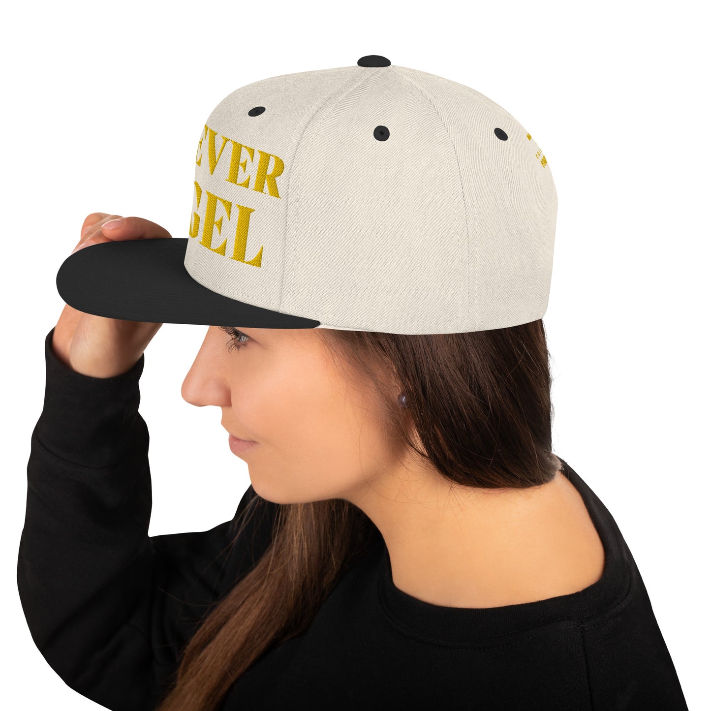 Snapback Hat FOREVER ANGEL [GOLD FONT] [Green Camo under Brim] for females by “Mark Anthony Gable Collection-FOREVER ANGEL”