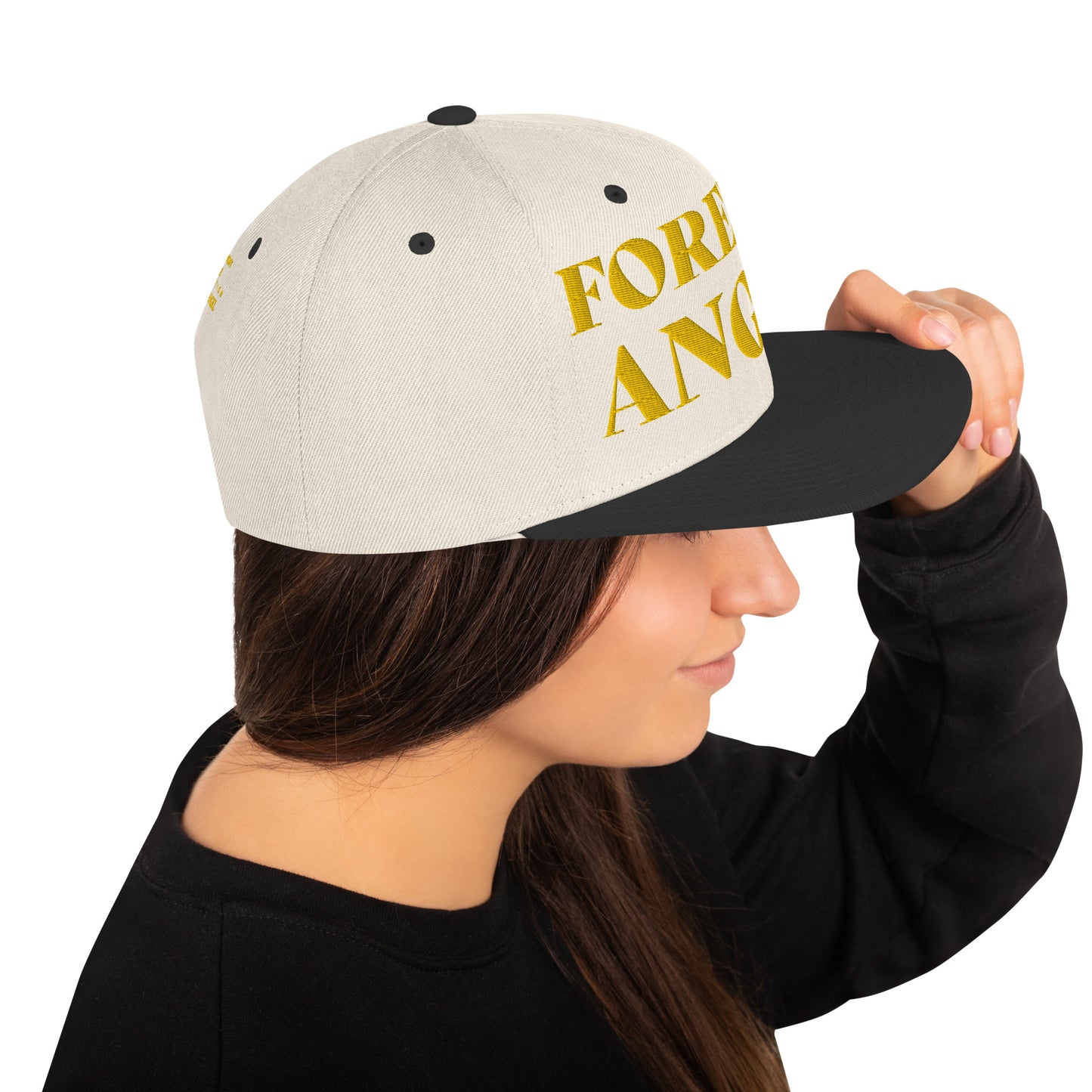 Snapback Hat FOREVER ANGEL [GOLD FONT] [Green Camo under Brim] for females by “Mark Anthony Gable Collection-FOREVER ANGEL”