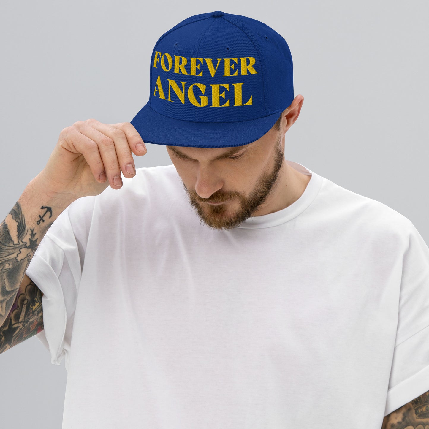 Snapback Hat FOREVER ANGEL [GOLD FONT] [Green Camo under Brim] For guys by “Mark Anthony Gable Collection-FOREVER ANGEL”