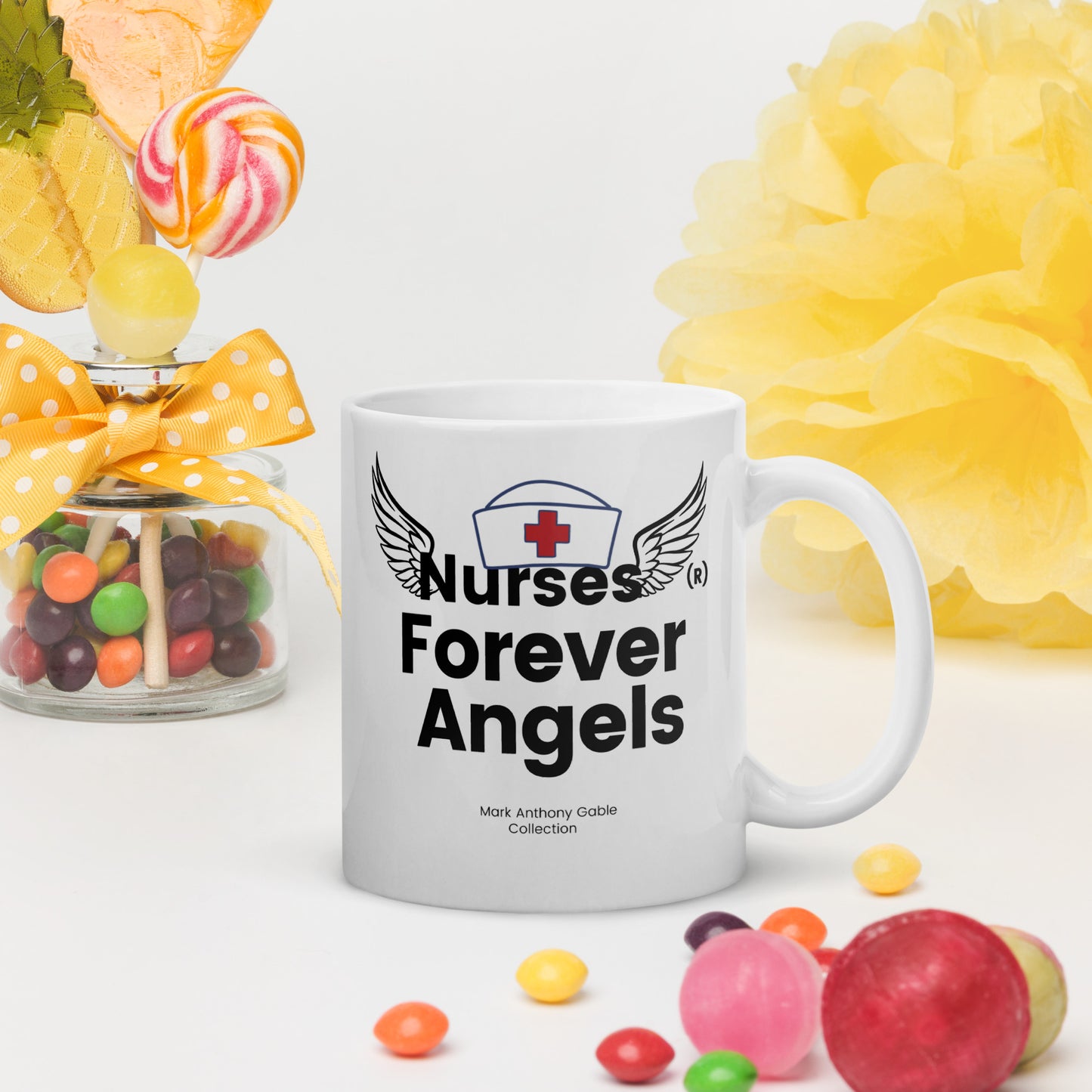 White glossy mug NURSES (R) FOREVER ANGELS by  "Mark Anthony Gable Collection-FOREVER ANGEL"