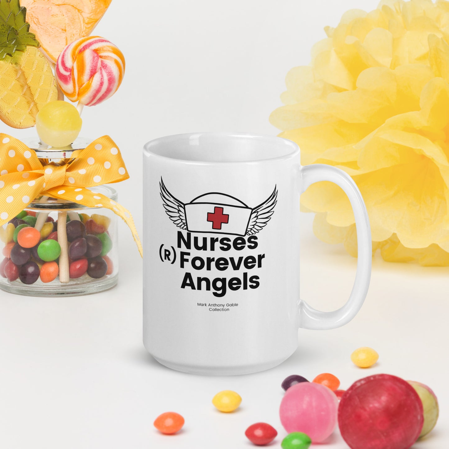 White glossy mug NURSES (R) FOREVER ANGELS by  "Mark Anthony Gable Collection-FOREVER ANGEL"